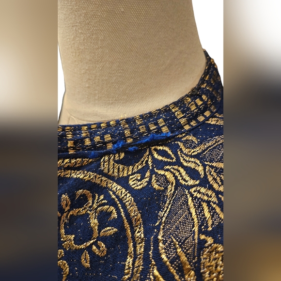 💝1970s Blue and Gold Brocade Caftan Maxi Dress - Picture 12 of 14